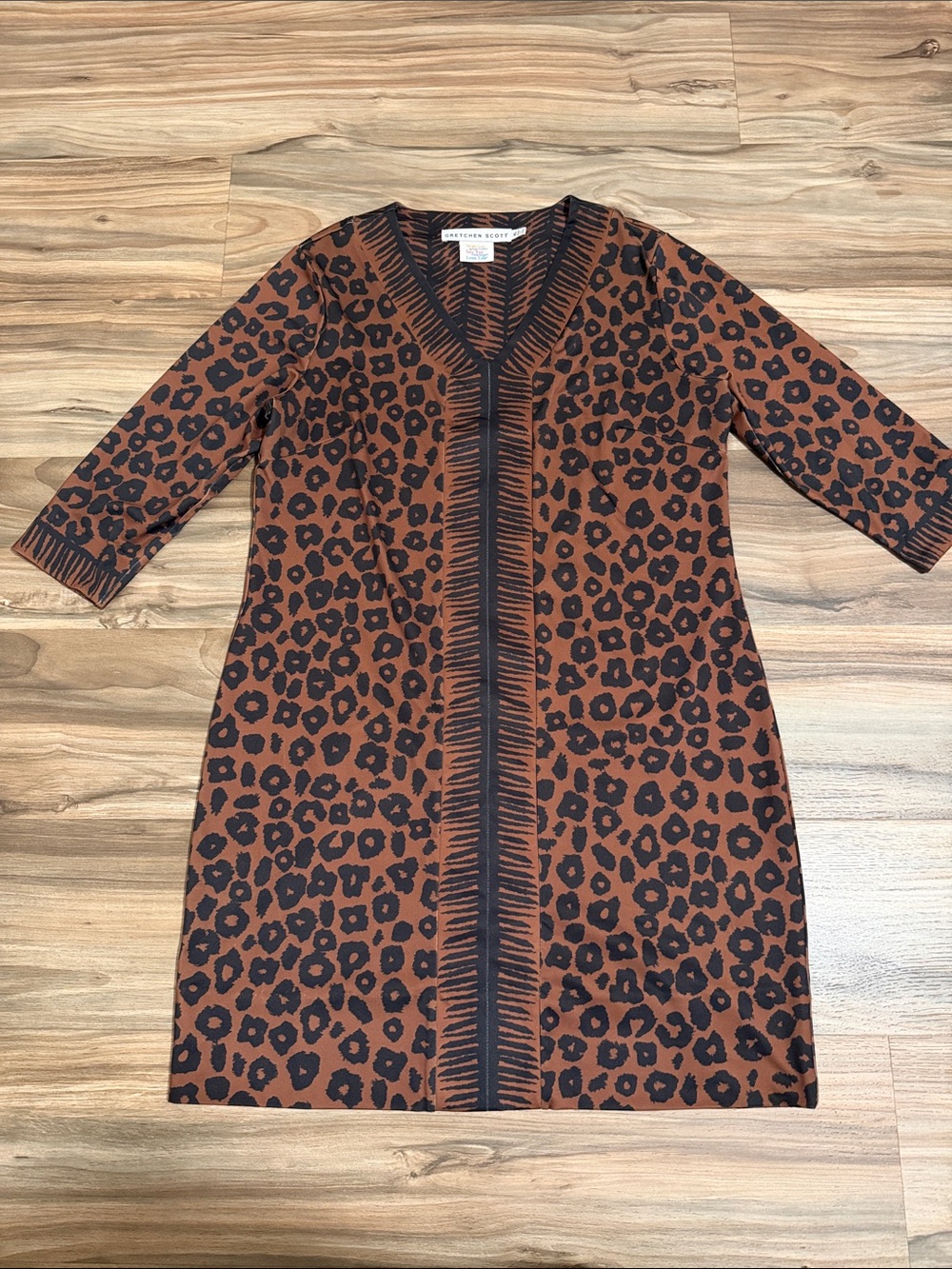 Gretchen Scott Diva Dress Brown Leopard Print V-Neck 3/4 Sleeve Shift Womens XL